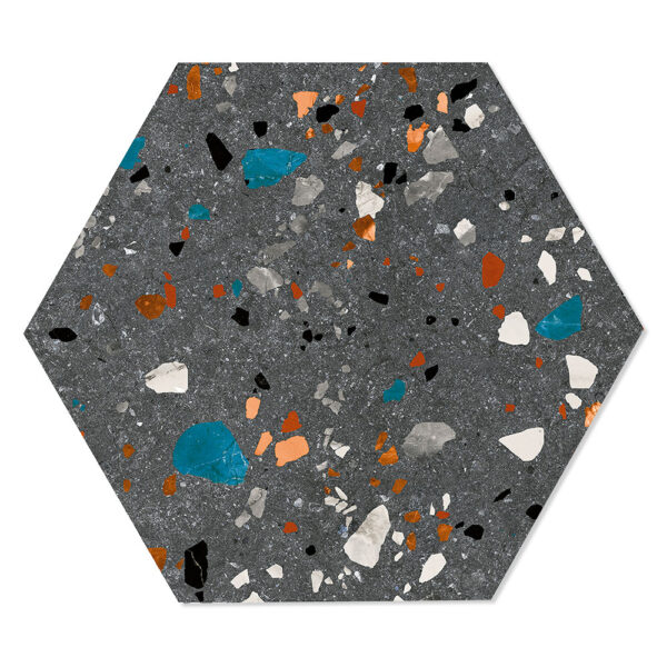 Hexagon Klinker Terrazzo Colorful Mörkgrå Matt 20x24 cm